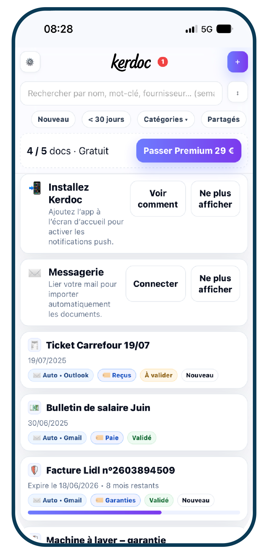 Application Kerdoc – écran rappels d'échéances